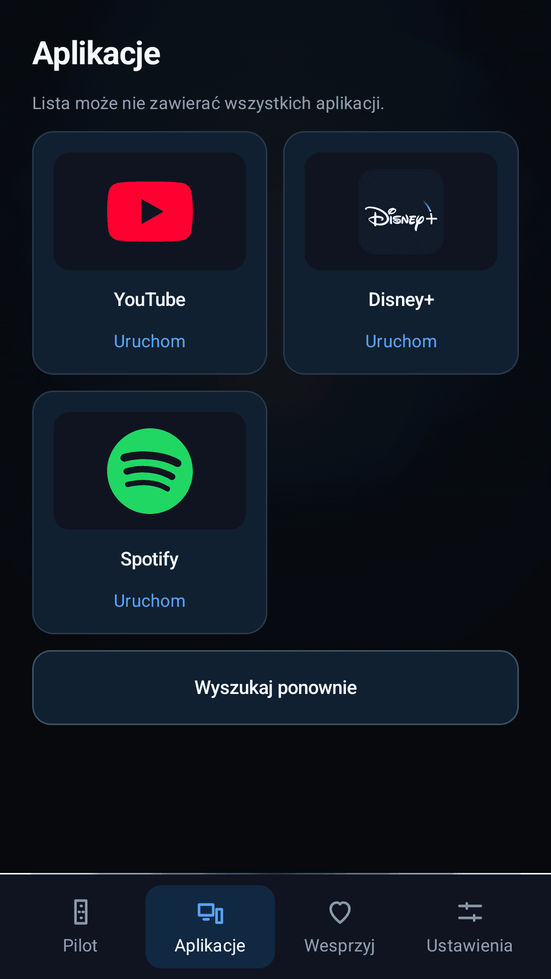 Pilot TV screen with apps reported by the television