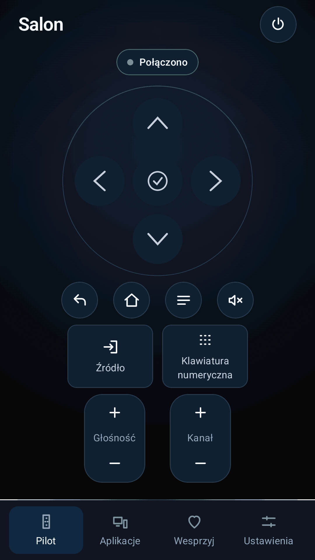 Pilot TV remote screen with a direction pad, volume and channel controls